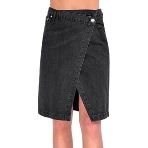 Derek Lam 10 Crosby Aine Asymmetric Denim Midi Skirt US 30 Black Wrap Pencil